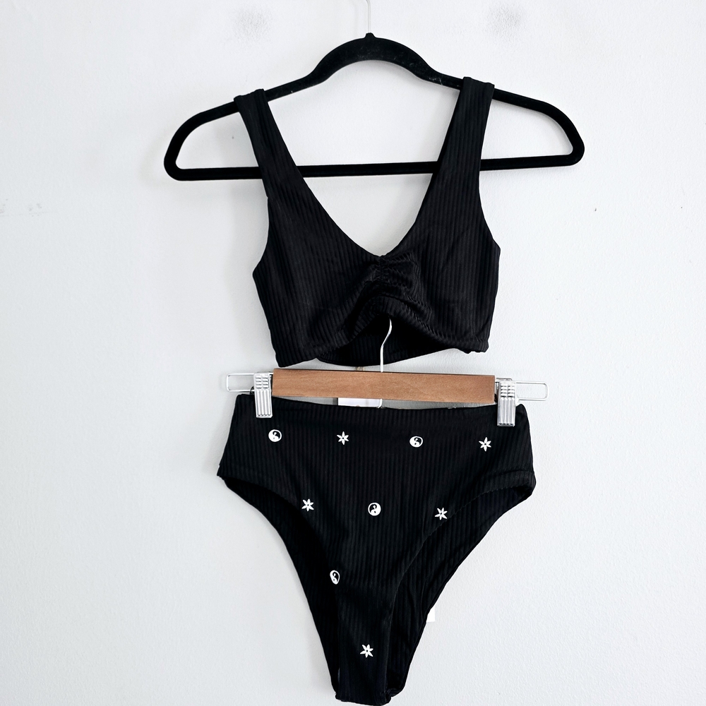 Urban Outfitters Desert Dreamer Black Ribbed Bikini Set with Star Accents S NWT